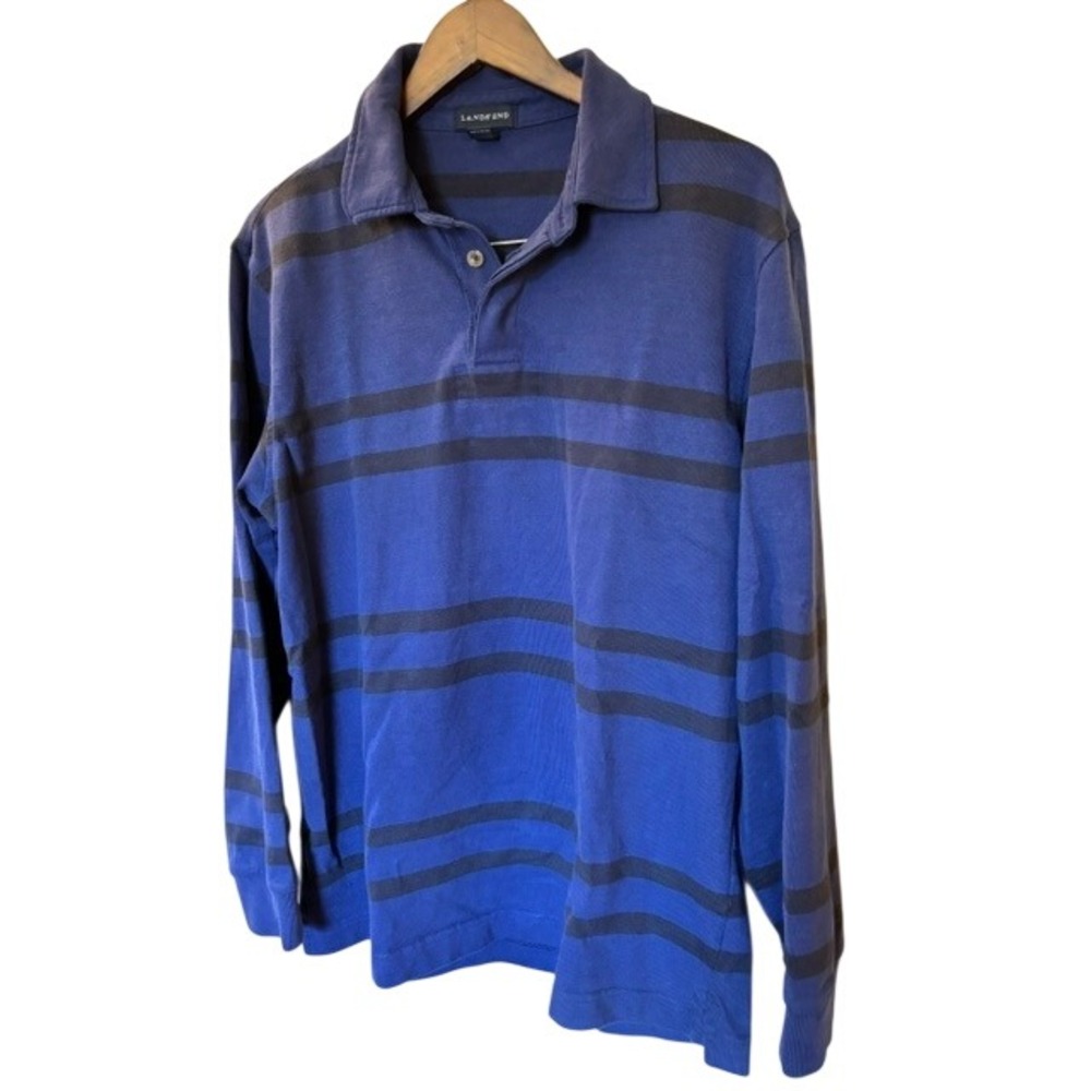 Lands End Men's Long Sleeve Striped Rugby Polo Shirt Blue Navy Cotton L 42-44